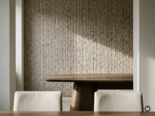 Geweven textielbekleding in havermout- en taupetonnen op conferentiekamermuur, met donkere eikenhouten tafel en linnen stoelen in natuurlijk daglicht.