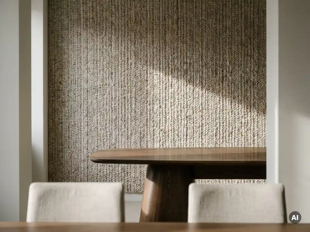 Geweven textielbekleding in havermout- en taupetonnen op conferentiekamermuur, met donkere eikenhouten tafel en linnen stoelen in natuurlijk daglicht.
